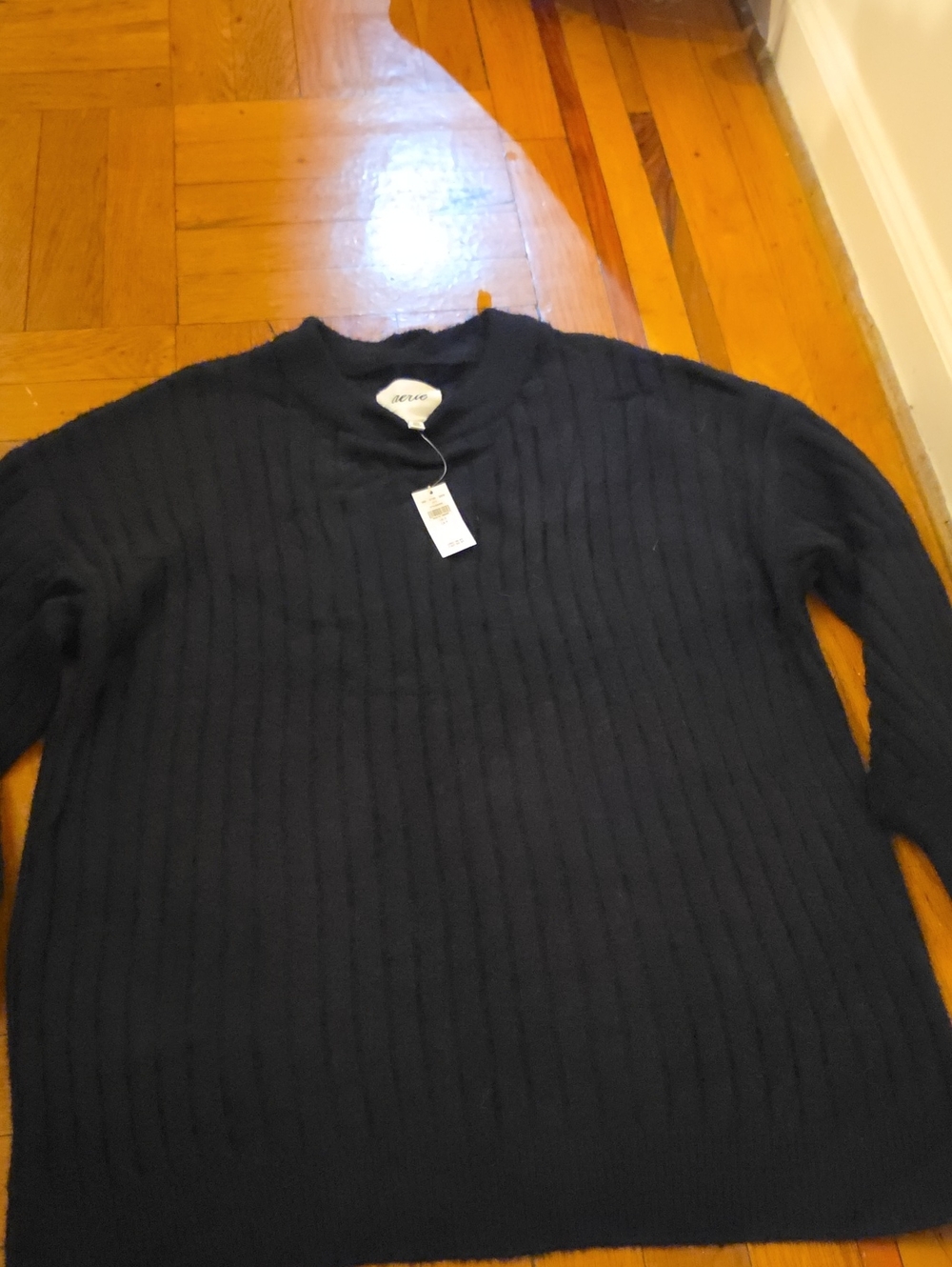 aerie Buttercream Crew Sweater Ribbed Black Medium